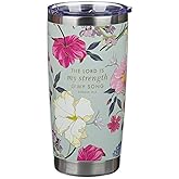 Christian Art Gifts Large Stainless Steel Scripture Travel Mug Tumbler for Women: Lord is My Strength Inspirational Bible Verse, Double Wall Vacuum Insulated w/Lid, Mint Green Multicolor Floral, 18oz.