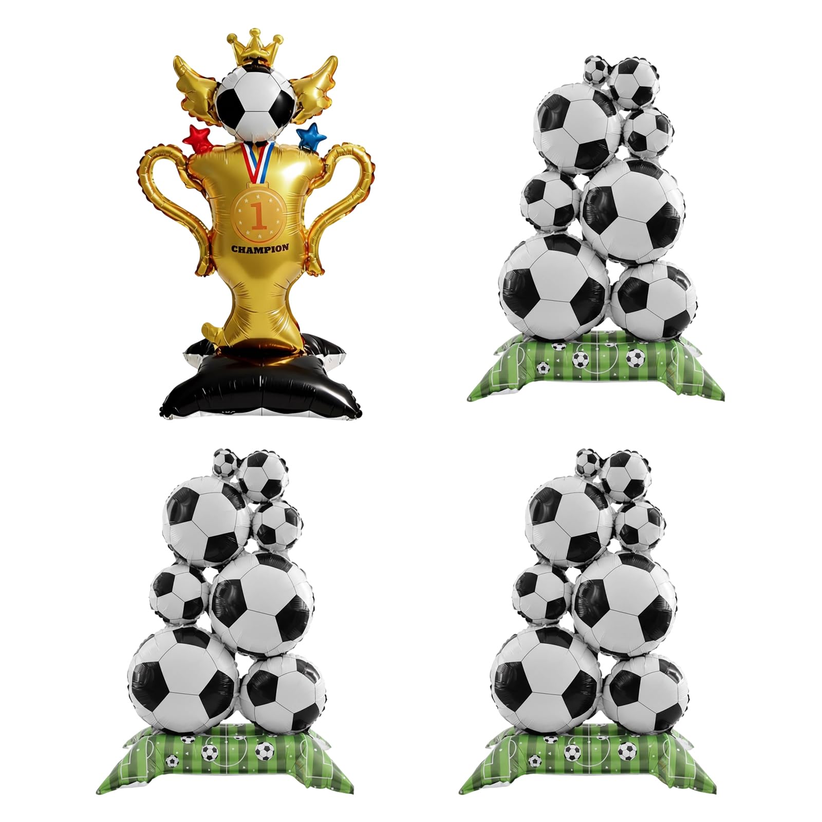 4Pcs Football Balloons Set, 1 Trophy Balloon and 3 Stacked Self Inflating Balloons, Football Birthday Decorations for Champion Themed