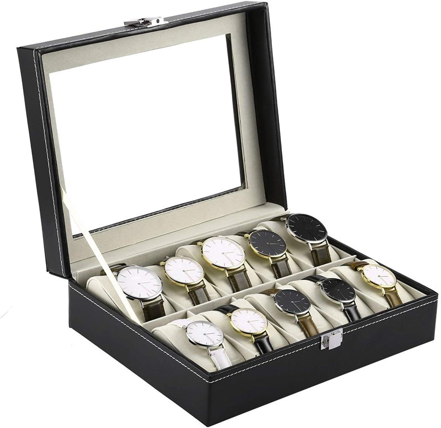 LWVAX® Wrist Watch Storage Box Display Case Organizer of Faux Leather Finish with Glass Window 10 Slots