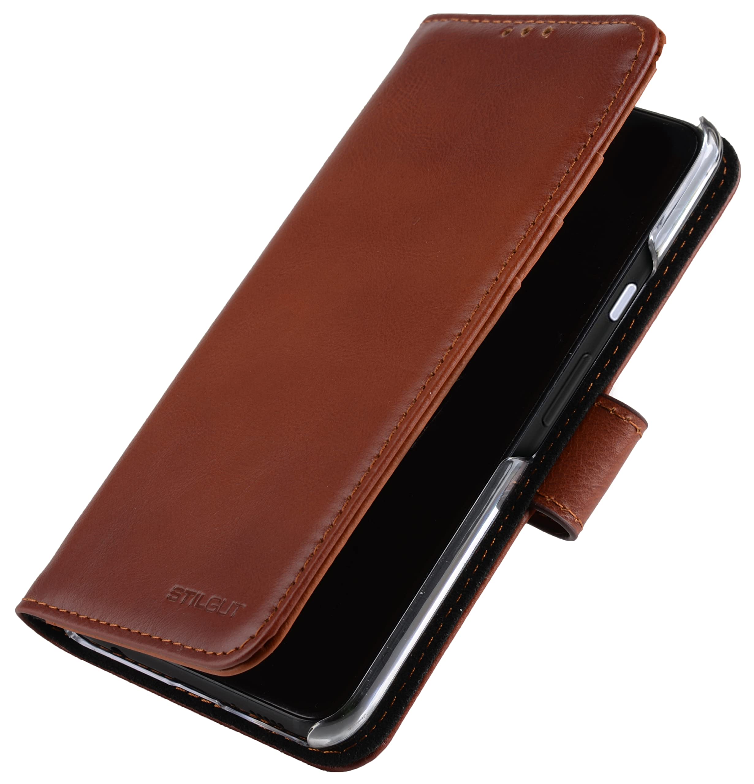 STILGUT Talis Compatible with Google Pixel 4a 4G Phone Case with Leather Card Slot, Flip Cover, Wallet Phone Case, Leather Case with Compartments, Stand Function & Closure - Cognac