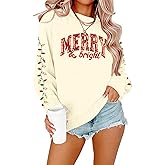 Merry Christmas Sweatshirts Women Merry and Bright Christmas Outfit Sequin Letter Printed Xmas Pullover Tops