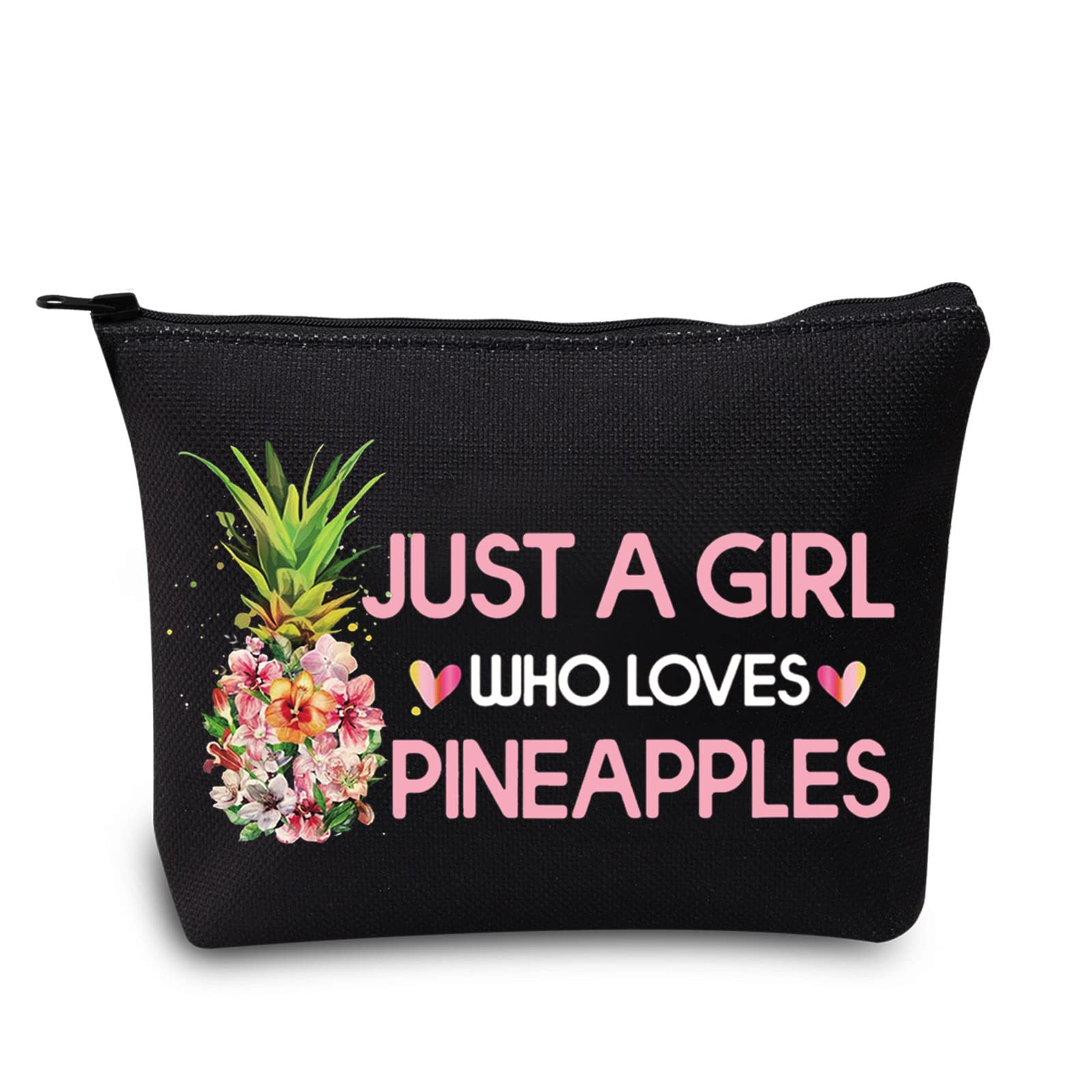 LEVLO Funny Pineapple Cosmetic Bag Fruit Lover Gift Just A Girl Who Loves Pineapples Makeup Zipper Pouch Bag Pineapples Lover Gift For Women Girls, Pineapple Black, Make Up Bag