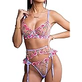 HELLOLAGIRL Sexy Lingerie Set for Women,Lace Womens Lingeries flower Teddy Lingerie 3 Piece with Garter Belt