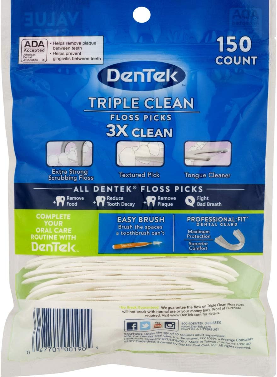 DenTek Triple Clean Floss Picks | No Break Guarantee | 150 Count : Flossing Products : Beauty