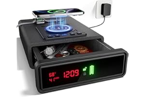 ORARAER Biometric Smart Gun Safe with Wireless Charging for Phone&Watch, 3 Quick Access Stopbox with Fingerprint Backlit Keypad - Compact Bedside Drawer Safe with LED Light, 24/7 Digital Clock handgun safe