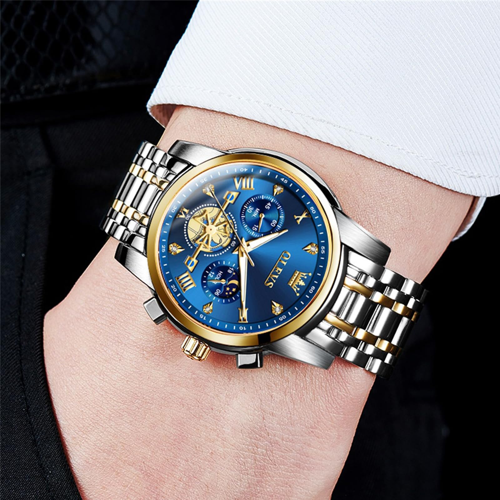 OLEVS Herren-Armbanduhr mit Zeitcode, Edelstahlarmband, Leuchtend, wasserdicht, multifunktional, Unterzifferblatt, Business-Kleid, Quarz, rund, Luxusuhren für Herren, 2856, zweifarbiges Armband mit 3