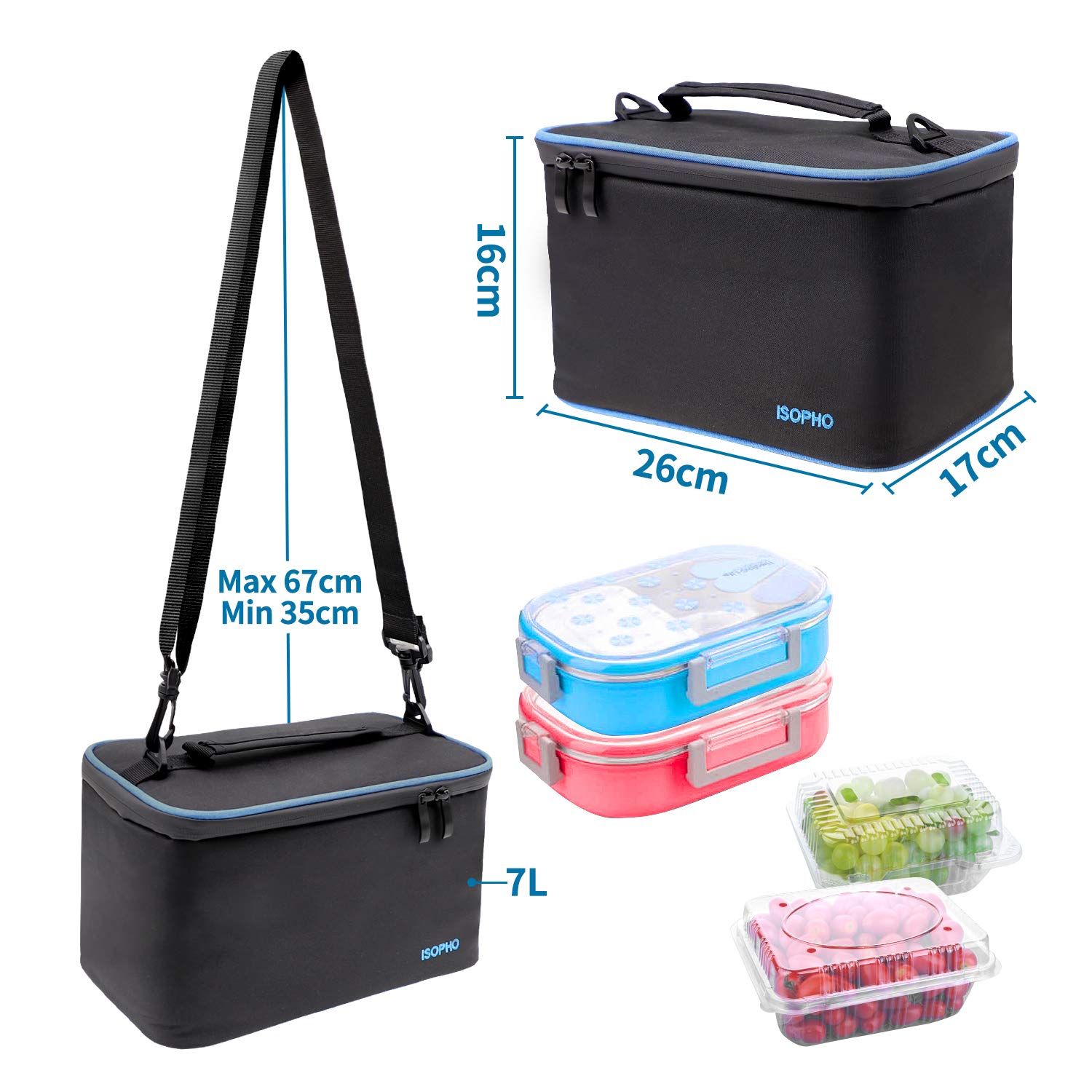 Cool Lunch Bag ISOPHO Picnic Cool Bag 7L Lunch Box for Adults/Men/Women/Kids, Leakproof Insulated Lunch Bag for Work, School, Camping, Black and Light Portable Adjustable Shoulder Strap
