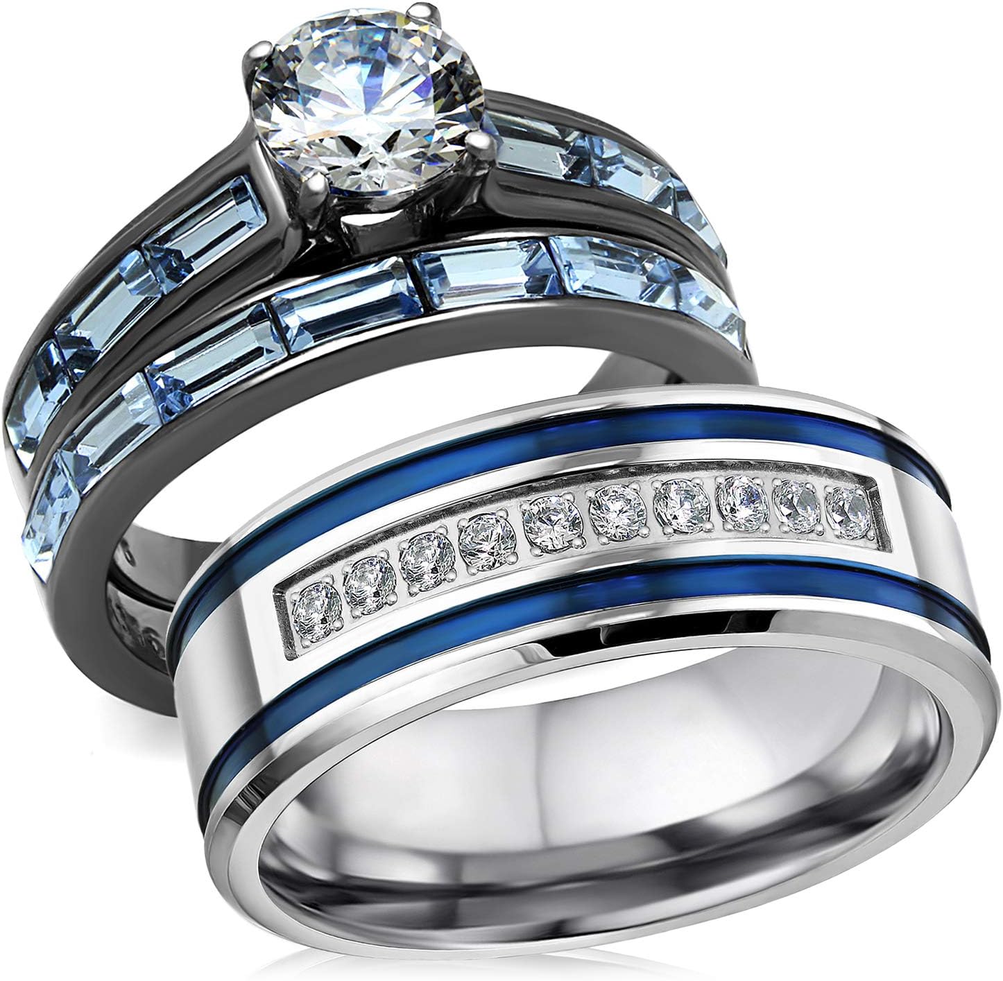 Bellux Style Romantic Blue Wedding Rings Set for Him and Her 3 pcs Stainless Steel CZ Men and Women Couples Rings