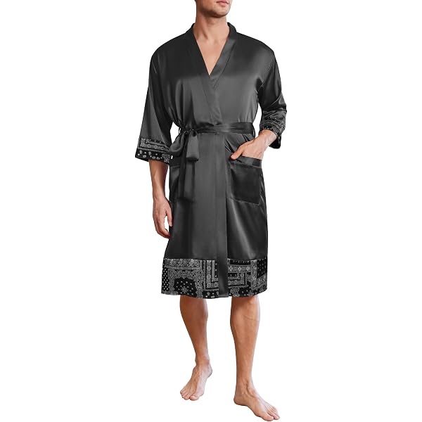 Lujosas Batas Tipo Kimono De Verano Para Hombre, Cómodas, Suaves, De Satén, De Manga Larga, Pijamas Con Bolsillos, Negro