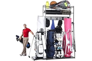 DEERFAMY Golf Bag Storage Organizer, Golf Bag Storage Rack Fits 3 Bags, Easy Installation Heavy-Duty Steel Construction Golf Storage Rack for Garage, Club, Shed, Basement, Black