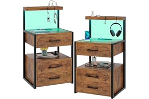 VIAGDO Nightstands Set of 2 with LED Lights, 3 Drawers Night Stands with Charging Station, Rustic Brown Bedside Tables with Storage Shelves, Modern End Side Tables for Bedroom, Office
