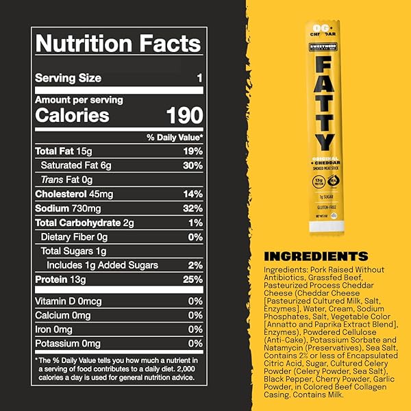 FATTY MEAT STICKS, HIGH PROTEIN, MADE WITH GRASS FED BEEF, PORK RAISED WITHOUT ANTIBIOTICS, 13G PROTEIN PER STICK, ORIGINAL CHEDDAR, 2 OZ.