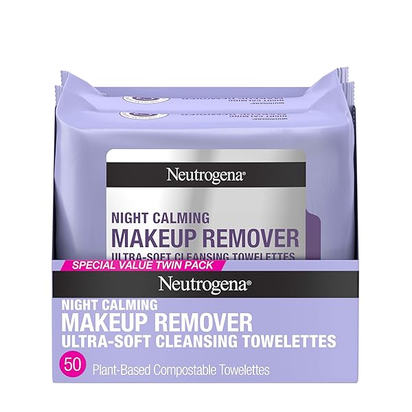NEUTROGENA NIGHT CALMING MAKEUP REMOVER FACE WIPES, NIGHTTIME CLEANSING TOWELETTES REMOVE SWEAT, DIRT & MAKEUP & CALMS SKIN, HYPOALLERGENIC, 100% PLANT BASED CLOTH, TWIN PACK, 2 X 25 CT