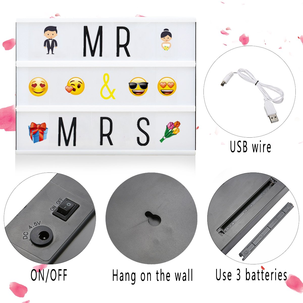 Jeteven Cinéma Boîte Lumineuse A4 Enseigne Lumineuse LED avec 210 Lettres et Symboles Décoration Chambre Mariage Fête