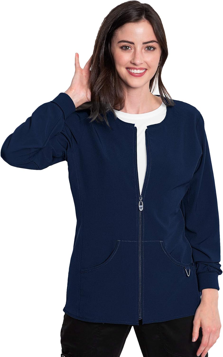 Med Couture Zip Front Warm Up Scrub Jacket for Women: Clothing