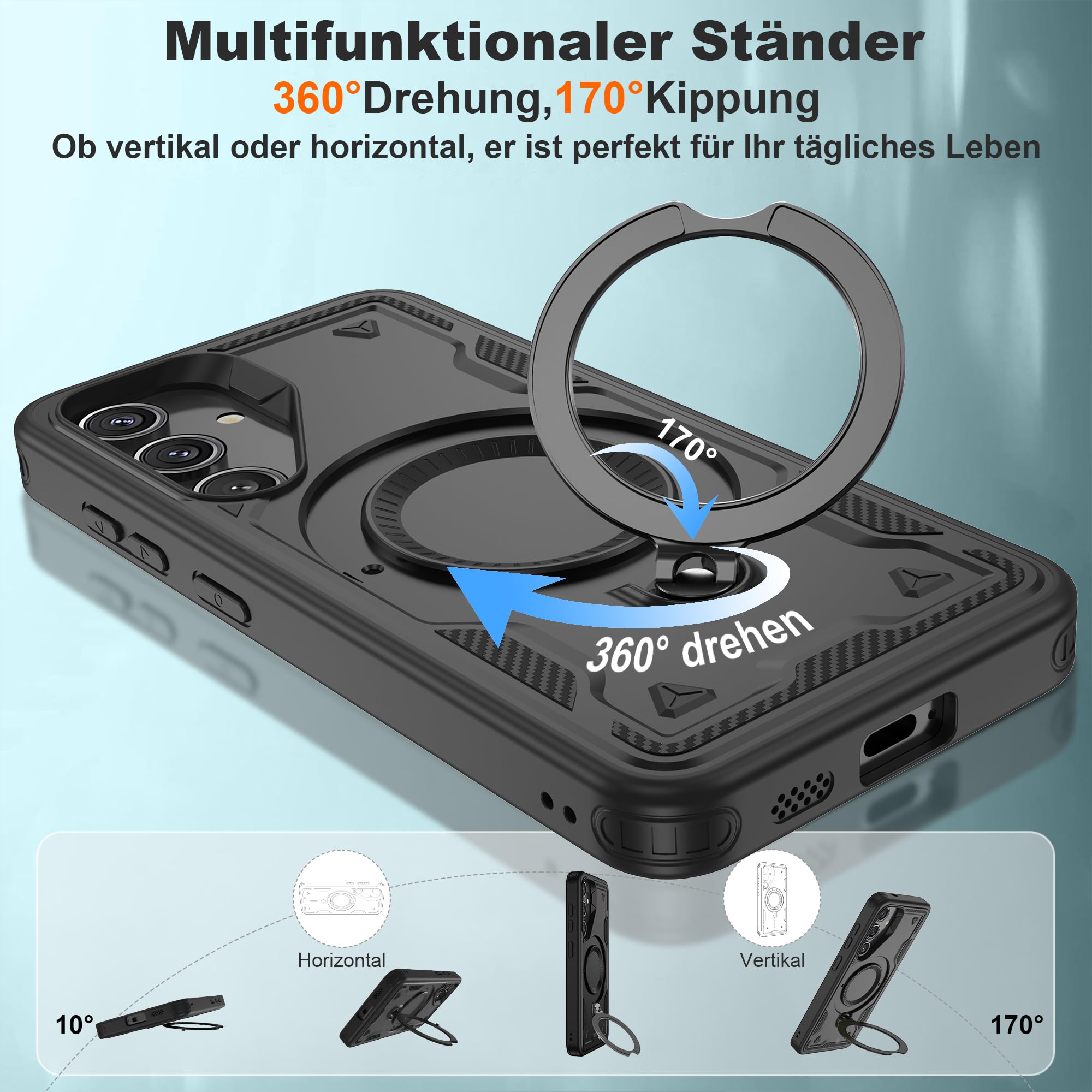 Jshru Samsung Galaxy S24/S25 Hülle Kompatibel mit Magsafe Handyhülle, mit 2Stk HD-Schutzfolie Magnetische Schutzhülle, 360° Drehbare Ringhalter Stoßfeste Case für Samsung Galaxy S24/S25,Schwarz 6