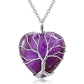 Top Plaza Natural Rose Quartz Healing Crytal Necklace Silver Life Tree Wire Wrapped Heart Shape Stone Pendant for Womens Girls Ladies