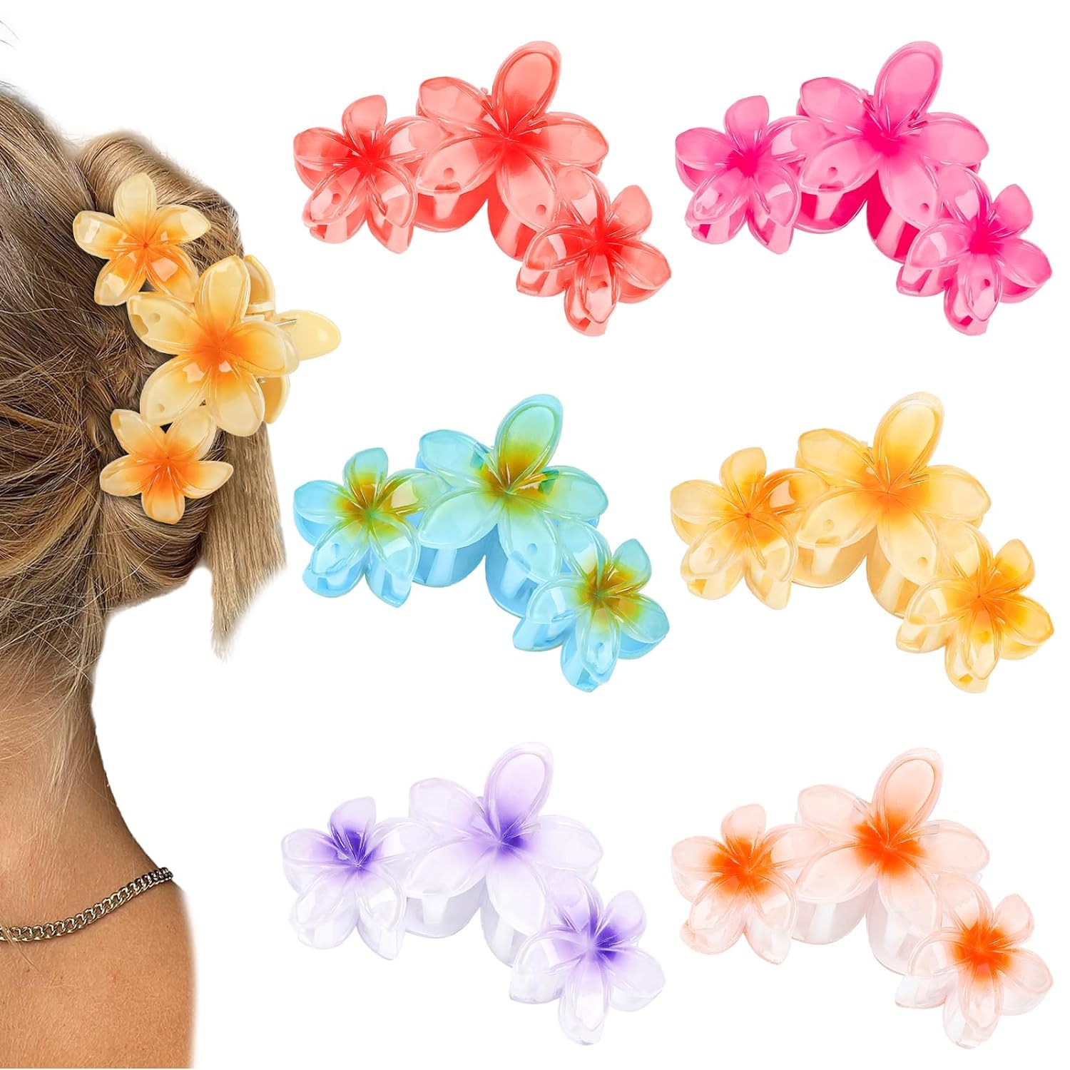 6Pcs Flower Claw Clips Hawaiian Flower Hair Clips for Women Girls Hibiscus Hair Clip Plumeria Hair Claw Clips for Thick Hair, Gifts for Women Teen Girls