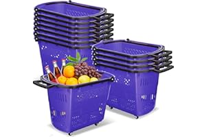 Fairysandy 12 Pcs Grocery Shopping Carts with Handle 35L Shopping Baskets with Wheels Plastic Grocery Rolling Trolley Stackable Retail Baskets for Supermarkets Retail Store Home Laundry Storage (Blue)