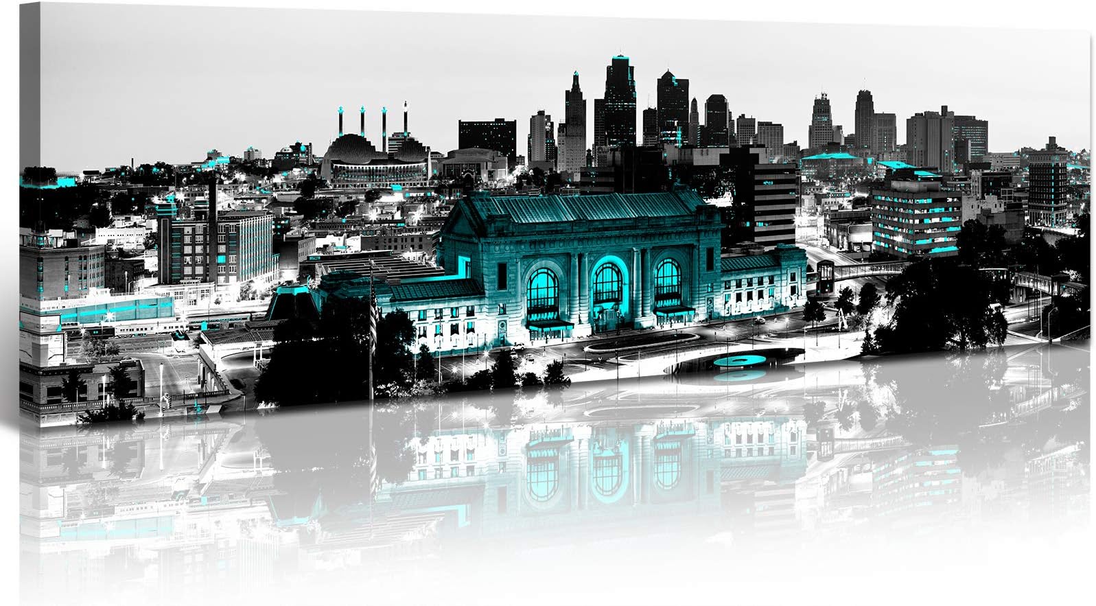 Kansas City Skyline Framed Wall Art Canvas - 14"X48" Black and White USA Kansas Cityscape Wall Decor for Bedroom Modern City Landscape Posters Decoration Living Room Office Painting