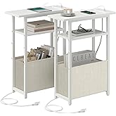sthmec Narrow Side Table with Charging Station Set of 2, Small End Table for Small Spaces, Skinny Nightstands Set 2 with Storage Basket, 3 Tier Sofa Bedside Tables for Living Room,Bedroom, White