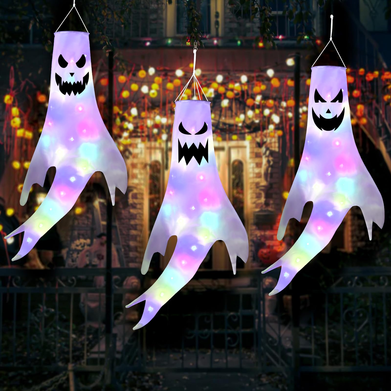 XIMISHOP 3PCS Halloween Ghost Windsocks, Scary Spooky Halloween Ghost Hanging Windsock Flag Decorations for Halloween Yard Garden Party Supplies