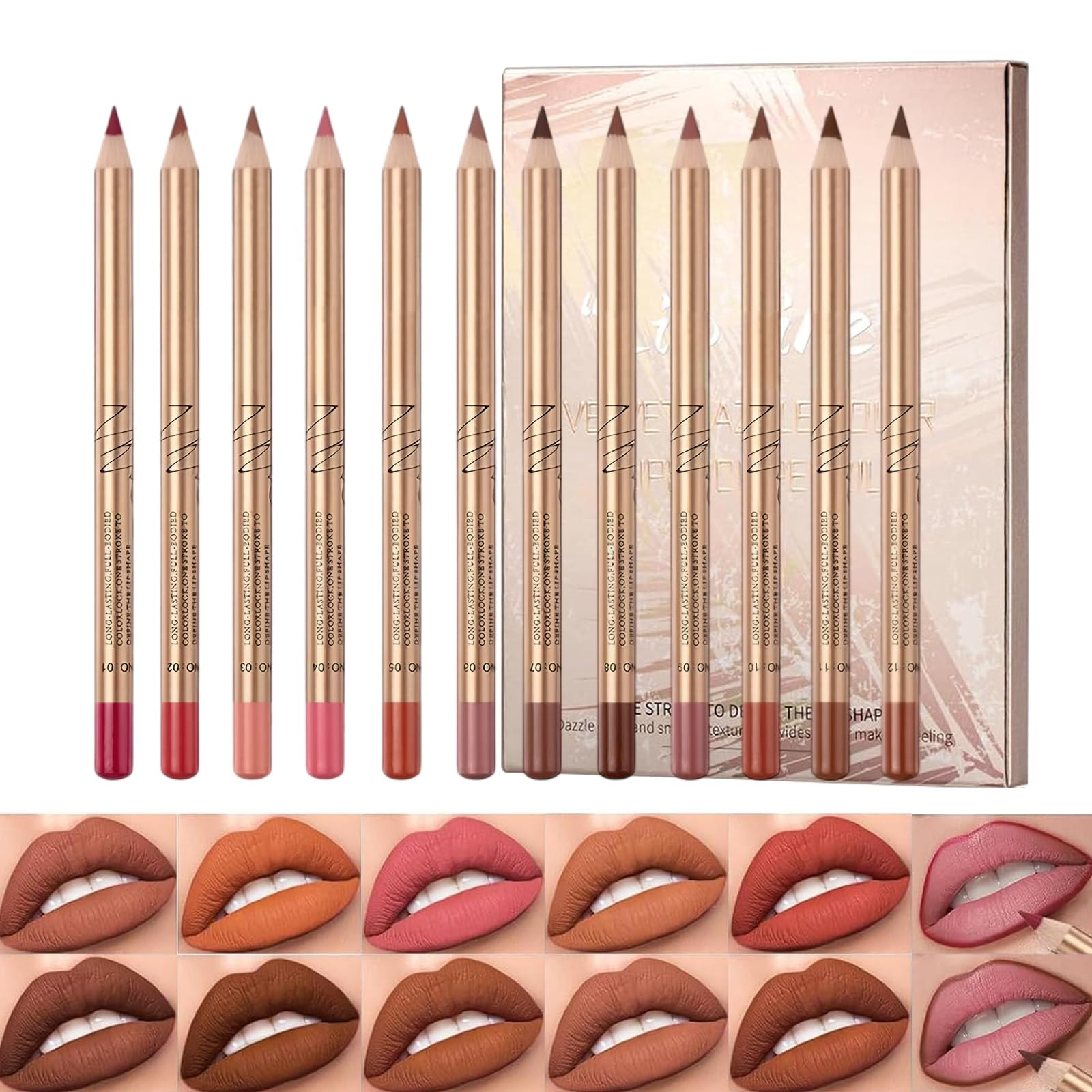 LOPHE 12 Color Matte Lip Liner, High-Pigmented Nude Pencil Set for Plumping and Defining, Waterproof Long-Lasting Natural Makeup,Brown Lipliner Pencil for Wome