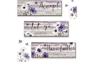 ZINYAZHE 3 Pcs Farmhouse Bathroom Wall Decor Purple Daisy Floral Flowers and Butterfly Purple Bathroom Wall Art Accept Let Go Have Faith Positive Rustic Wood Plaque for Home Laundry (Purple,12x4 Inch)