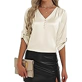 2026 Womens 3/4 Sleeve Shirts Dressy Casual Tops Pleated Satin Silk Business Blouses