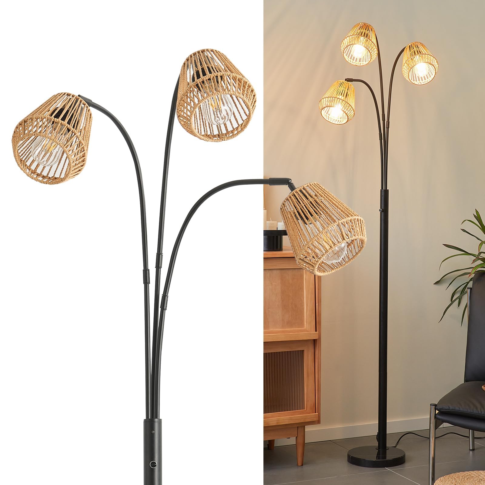 Photo 1 of ***IT'S A LITTLE BROKEN***Rattan Floor Lamp for Living Room, 72 Inch Tall Boho Floor Lamp with Rotary Switch, 3 Light Arc lamp with Wicker Shade for Coastal,Bohemian,Rustic,Beach Tree,Farmhouse Standing Lamp