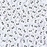 Yiizzxin 200pcs Round White Number 2 Beads for Bracelets,Acrylic Single Digit Bead,4x7mm Flat Number Beads for Jewelry Making(Round 2)