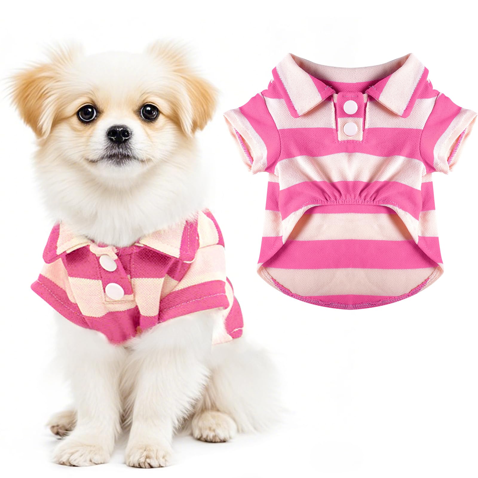 Photo 1 of Dog Shirt Polo Shirt Striped Collar Puppy Clothes Summer Button Up Pet Clothes for Small Medium Dogs Cats for Boy Girl Pets (Pink, Small)