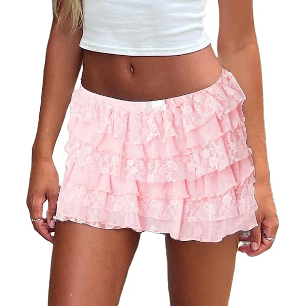 Amazon.com: Women Y2k Lace Mini Skirt Low Rise Ruffle Half