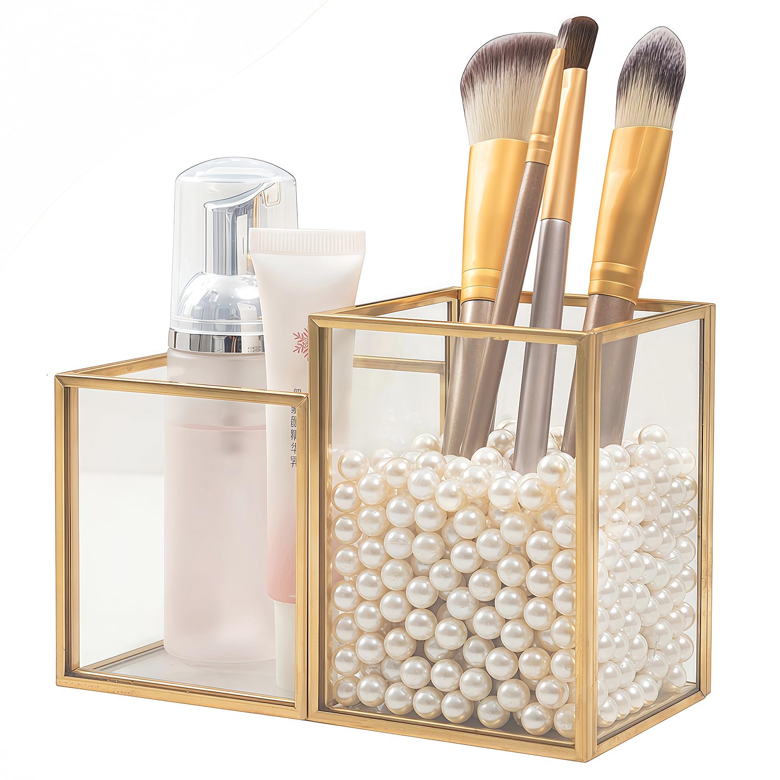 HARLIANGXY Makeup Brush Holder Organizer, Vintage Cosmetic Brush Organizer Gold, Glass Makeup Brush Pot, Pen Holder