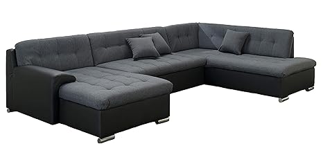 ARBD Wohnlandschaft, Couchgarnitur U-Form, Rocky mit Schlaffunktion 325 x205cm schwarz/grau, Ottomane rechts