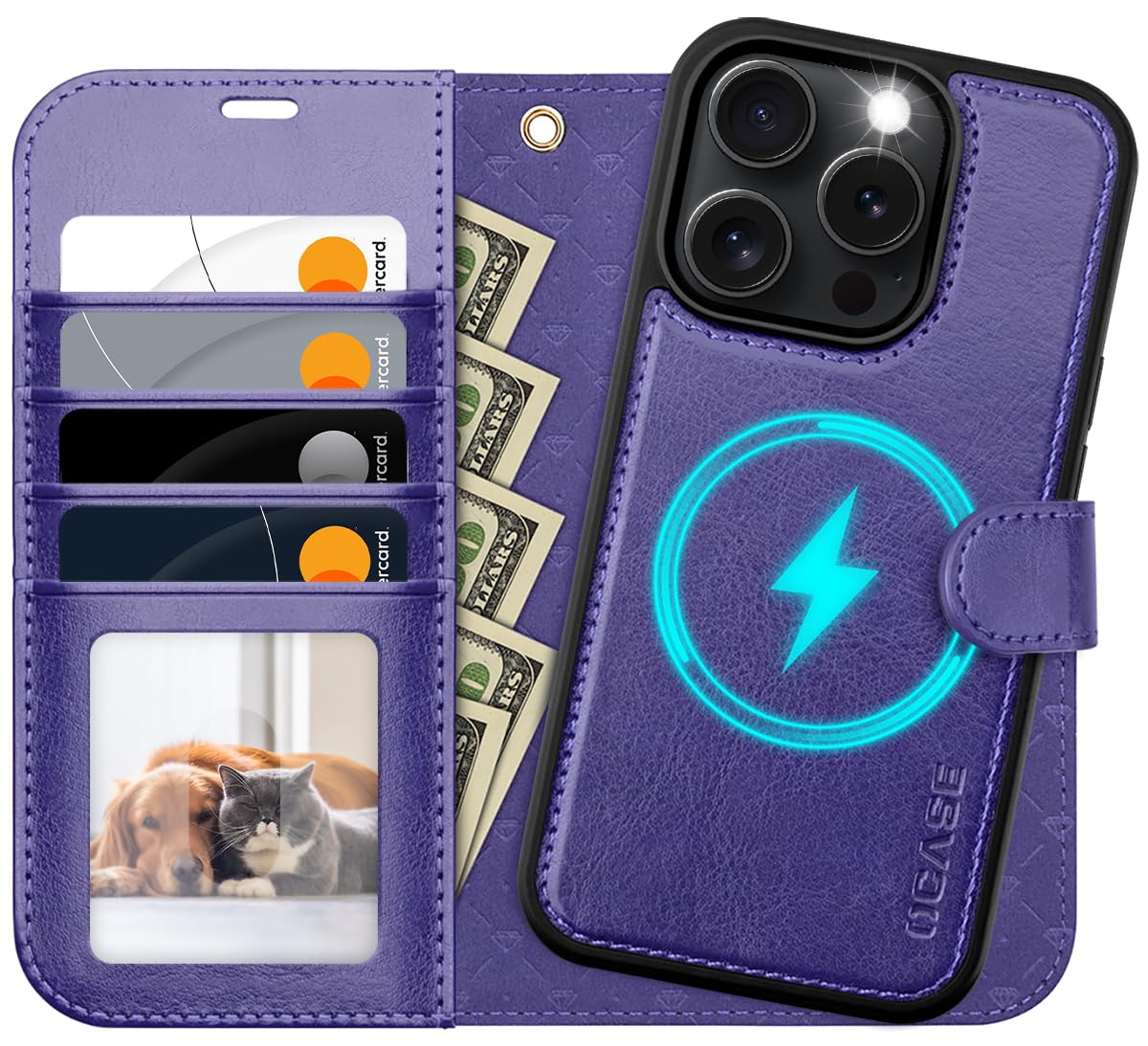 OCASE for iPhone 16 Pro Max Case, Detachable 2 in 1 PU Leather Wallet Case with RFID Blocking, Wireless Charging, Card Holders, Kickstand, Shockproof Removable Phone Cover, Purple