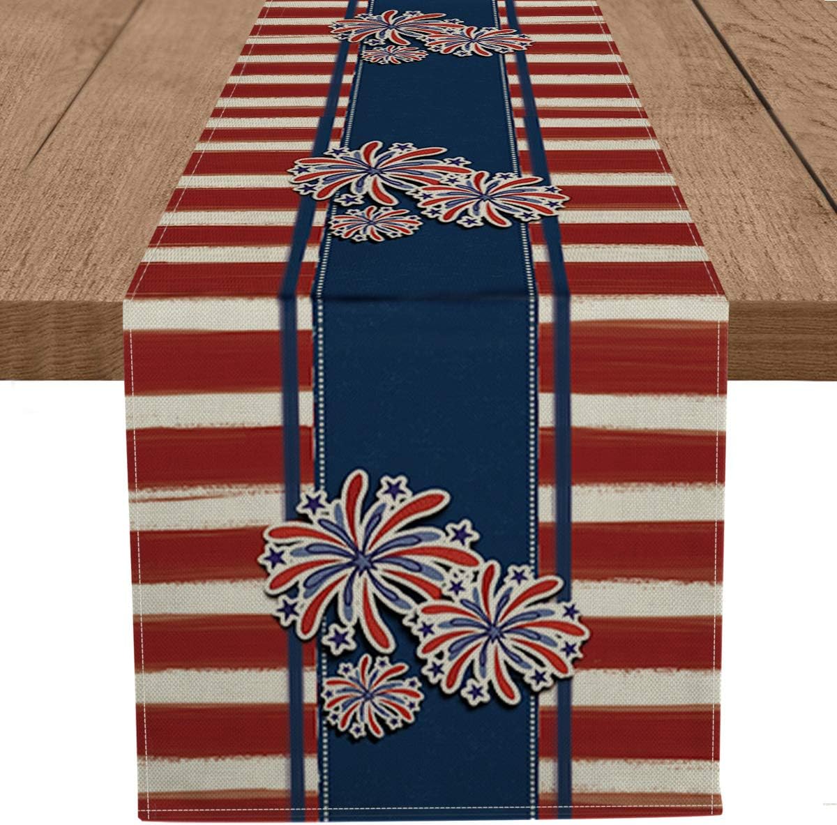 Artoid Mode Watercolor Stripes Firework Table Runner, 4th of July Patriotic Memorial Day Independence Day Holiday Kitchen Dining Table Decoration for Home Party Decor 13 x 72 Inch
