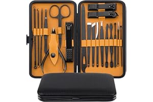 KMIKE Manicure Set 19 In 1 Stainless Steel Professional Pedicure Kit Nail Grooming Kit Clippers Kit with Black PU Leather Case, Perfect Christmas Gifts for Men and Women (Black/Yellow)