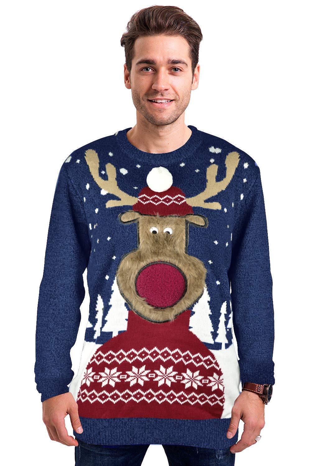 Arvilhill Xmas Mens Winter Knit Funny Jumper Ugly Long Sleeve Pullover Sweater Blue Deer M