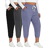 Ficerd 3 Pack Women's Plus Size Capri Sweatpants Cotton Drawstring Joggers Cropped Athletic Lounge Pants with Pockets(Black, Dark Heather Gray, Haze Blue,4X-Large)