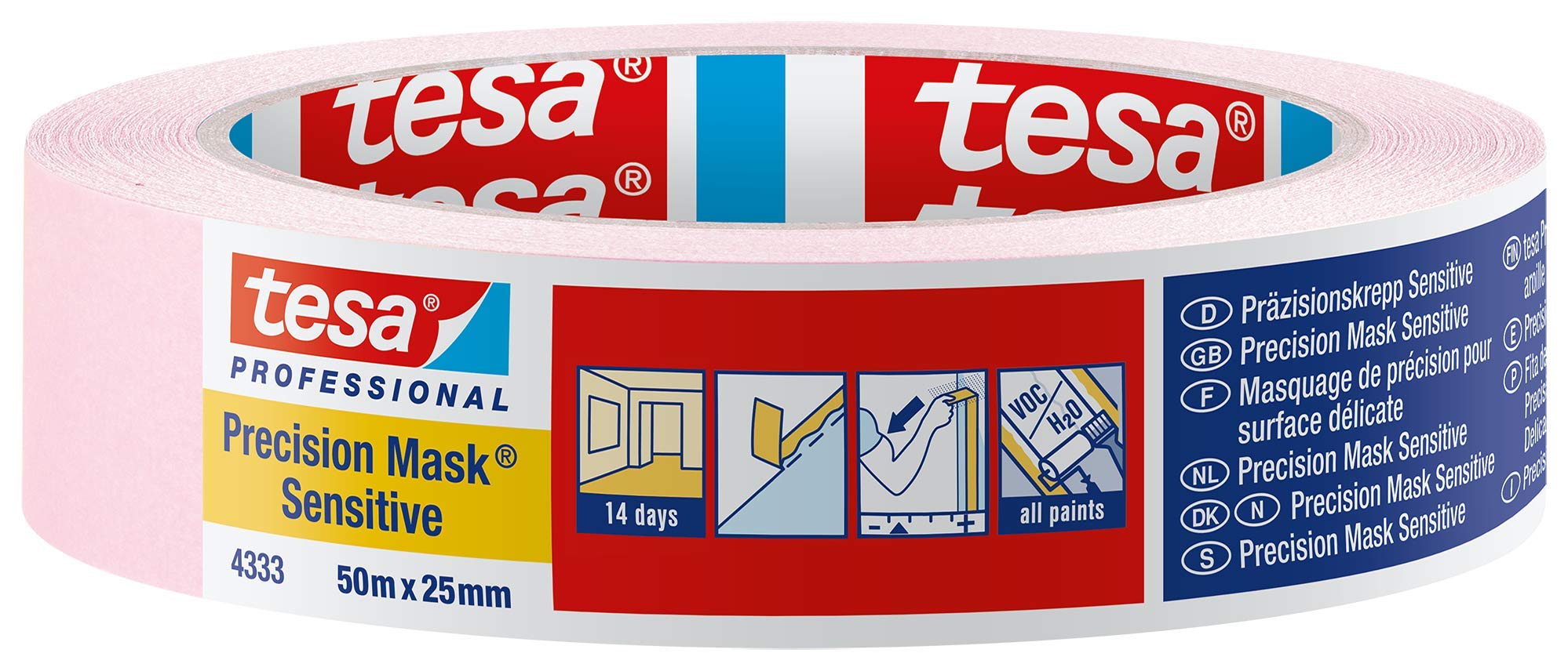 tesa UK 43330001801 Precision Sensitive, Razor Sharp Edge and Low Tack Masking Tape for Indoor Painting and Decorating, Residue Free Removal, 50 m x 25 mm, 25mm, Clear