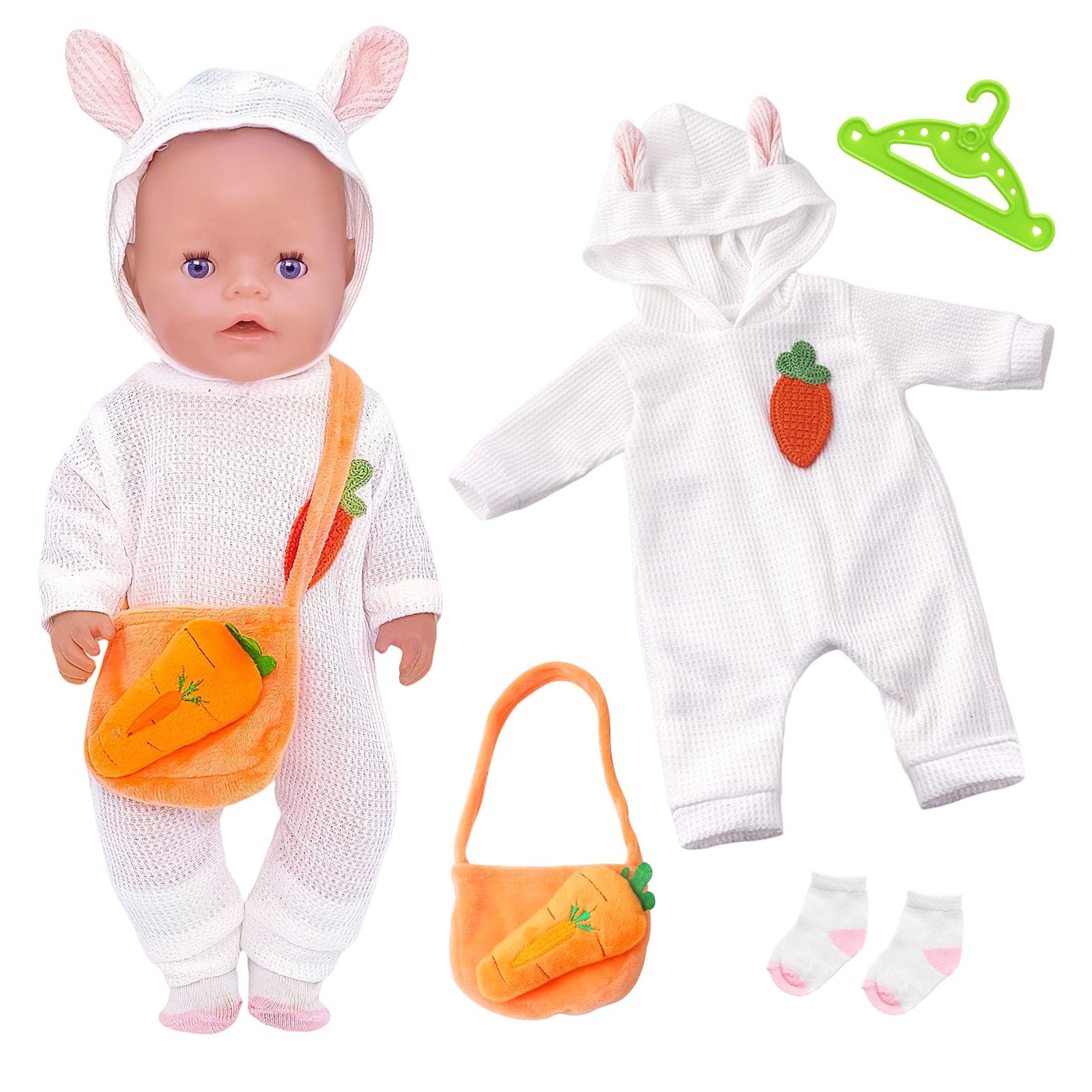 4Pcs Baby Doll Clothes for 14-18 Inch Doll 30-45cm Baby Doll, Rabbit Onesie Carrot Crossbody Bag Sock Baby Doll Accessories for Kids Friends Girls Birthday Sweet Cartoon