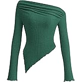 PRETTYGARDEN Women's Spring Long Sleeve Y2K Crop Top Trendy Off Shoulder Asymmetrical Fitted Knit Tee Shirts Going Out Tops