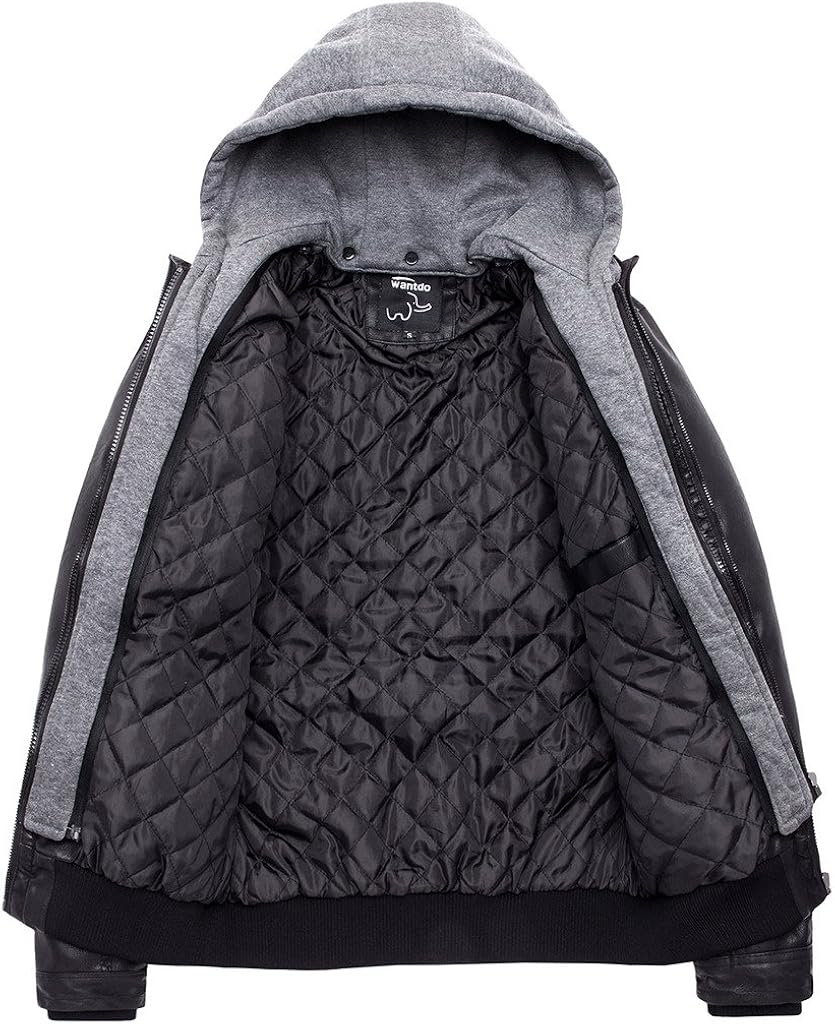 Wantdo Men's Faux Leather Jacket with Removable Hood Motorcycle Jacket Vintage Warm Winter Coat at  Men’s Clothing store