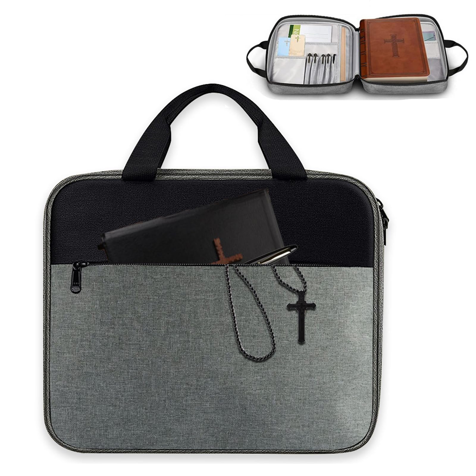 SOONHUA Large Bible Cover, Carrying Book Case, Waterproof Bible Protective Bag with Handle and Zippered Pocket,for Standard Size Bible,Multi Pockets Gift for Friends Family Women Men