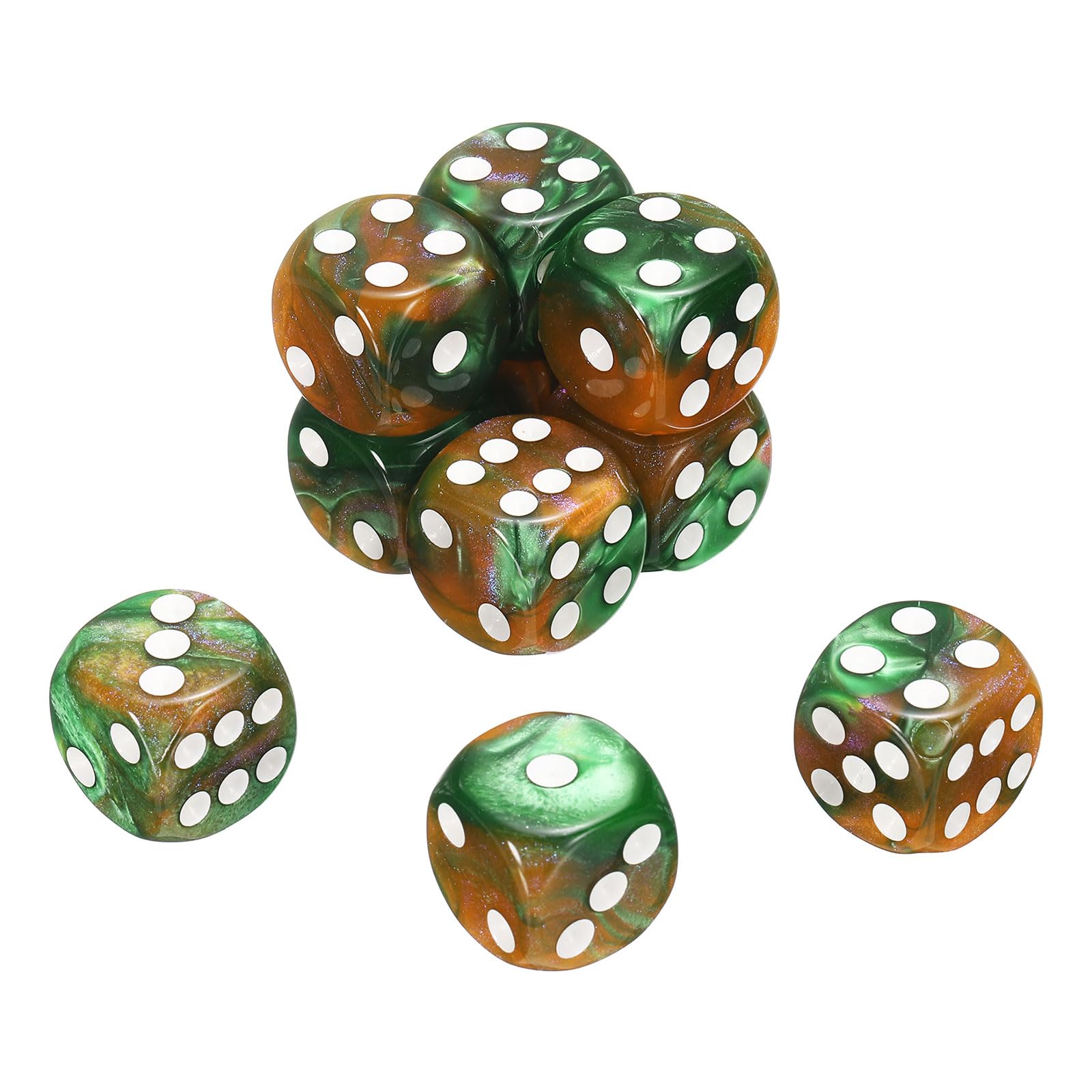 sourcing map 10Pcs 6 Sided Standard Dice, 2 Colors 16mm Acrylic D6 Mini Polyhedral Pearl Pattern Game Dice Set for Table Games, Green and Yellow/White Point