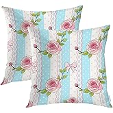 Batmerry Shabby Chic Pillow Covers 18x18 Inch Set of 2, Shabby Chic Pink Rose Pattern On Blue Stripes Double Sided Decorative Pillows Cases Throw Pillows Covers