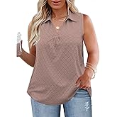 ROSRISS Womens Plus-Size-Tank-Tops Summer Sleeveless Casual Shirts Lapel V Neck Tunics Eyelet Tees