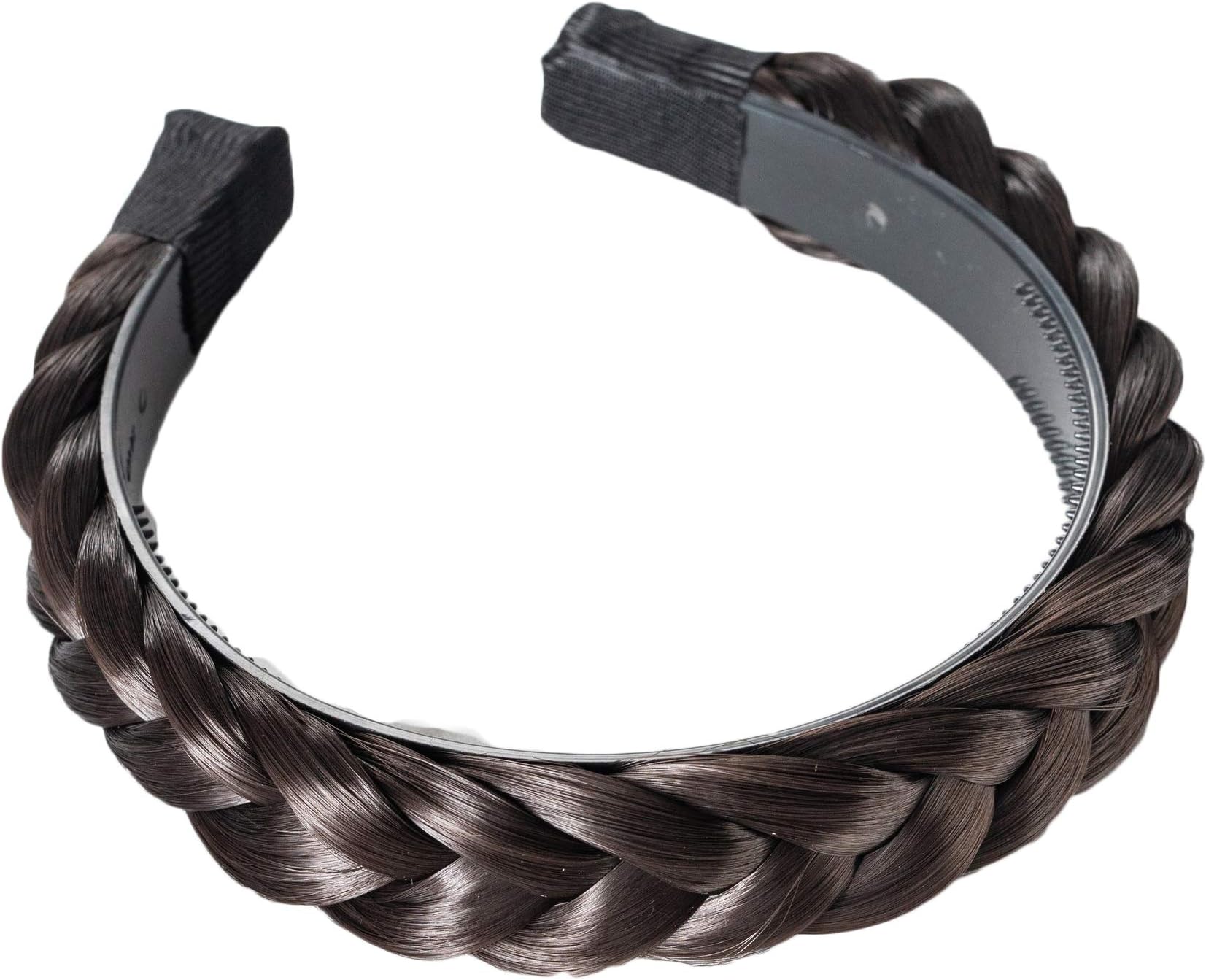 Madison Braids Women's Hard Headband Hair Braid Natural Looking Synthetic Hair Piece - Lulu - Dark Brown