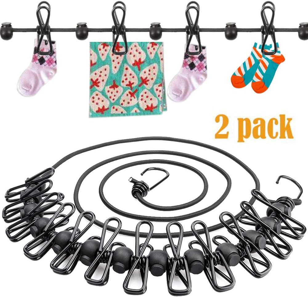 YFOX Stendibiancheria Da Campeggio Da Esterno, 2 Pezzi Con 12 Clip E 13 Fibbie, Elastico Fino A 360 Cm, Nero/Viola